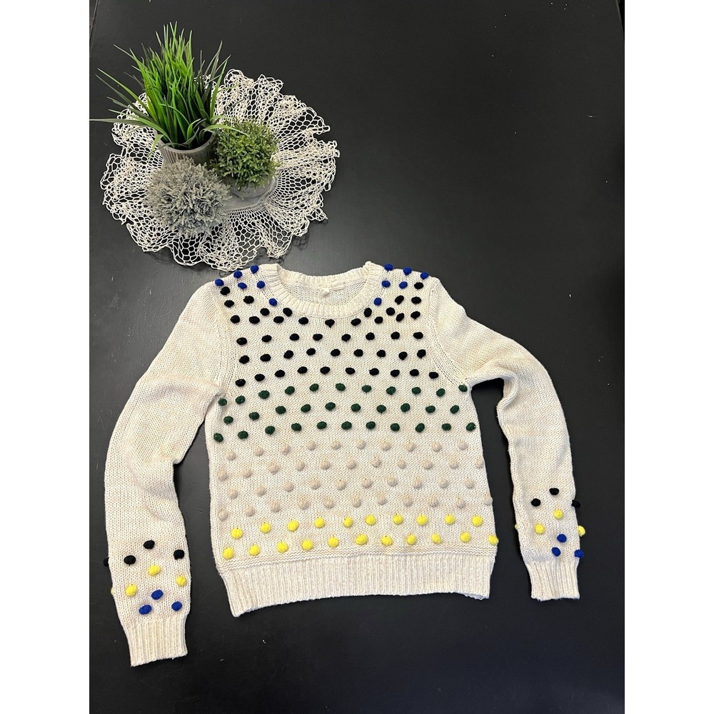 Moth Anthropologie Ivory Knit Polka Dot Colorful Pom-Pom Sweater Sz S see Dets.
